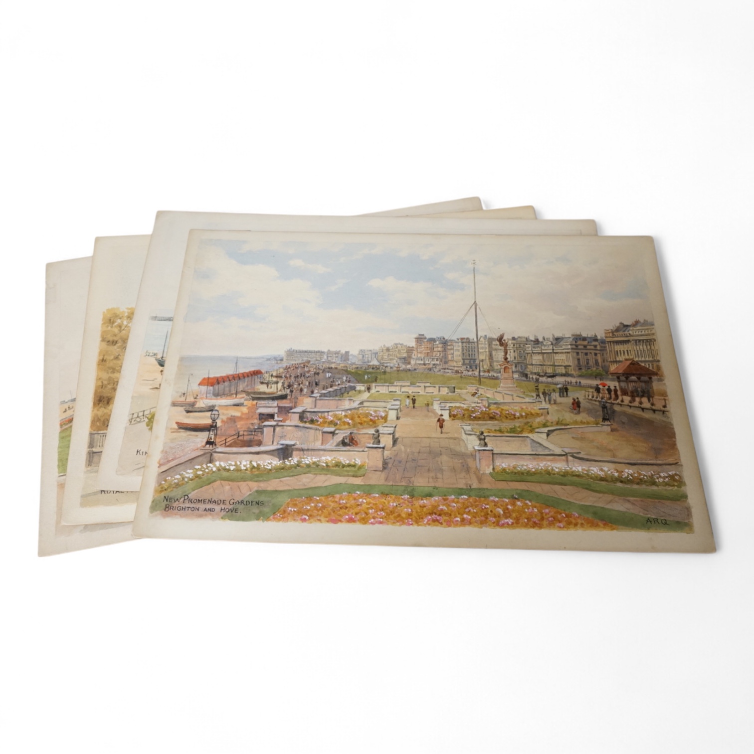 Alfred Robert Quinton (1853-1934), a set of four original watercolours for postcard designs, Brighton views to include ‘New Promenade Gardens’, ‘Kings Road from Queens Hotel and ‘Miniature Golf Course’, each monogrammed,